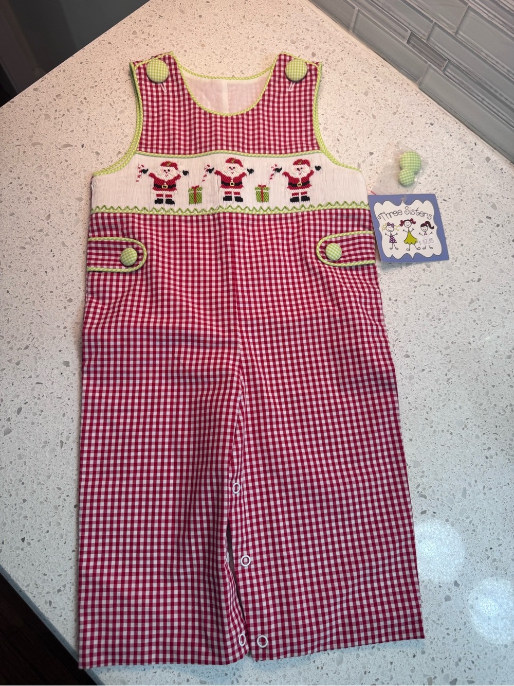 Three Sisters Children's Red Gingham Santa Smocked Longall w/ Green Trim Size 6M